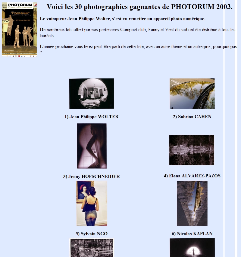 Page du résultat des votes du concours Phot'Aix 2003